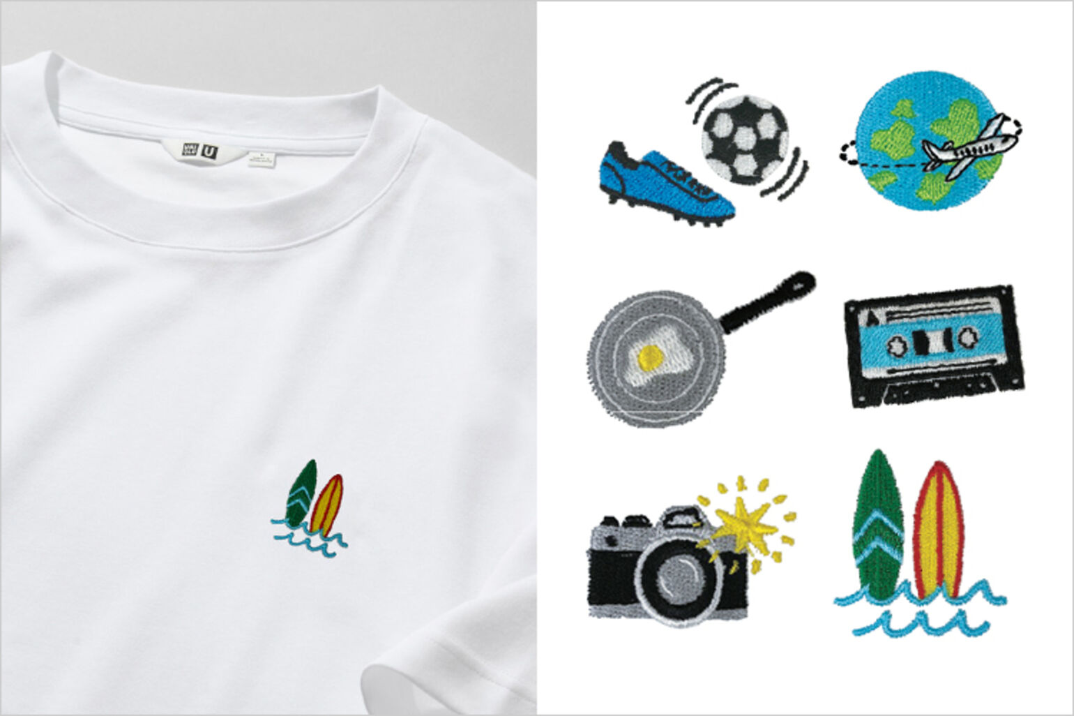 white T-shirt with surfboard embroidery and close-ups of football, golf, photography, cookery, travel, music and book embroidery designs