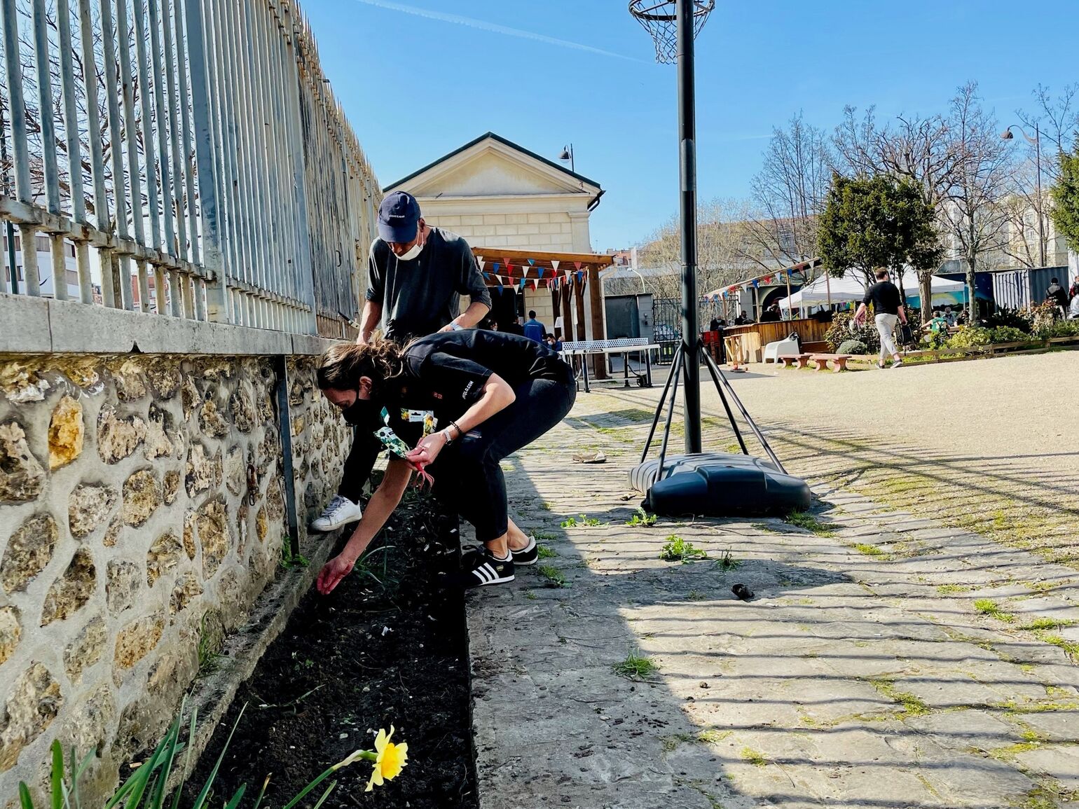 Volontaires plantant des fleurs