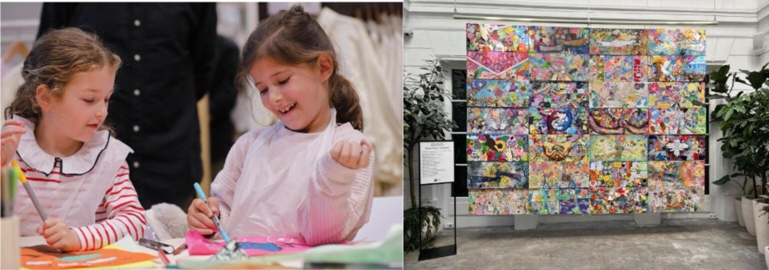 enfants qui dessinent lors de latelier Bouquet for Peace et à gauche, lœuvre finale réalisée avec toutes les créations