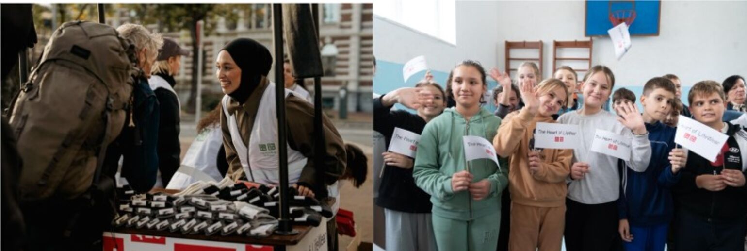 une bénévole distribuent des chaussettes UNIQLO et des enfants posent avec des drapeaux Heart of LifeWear