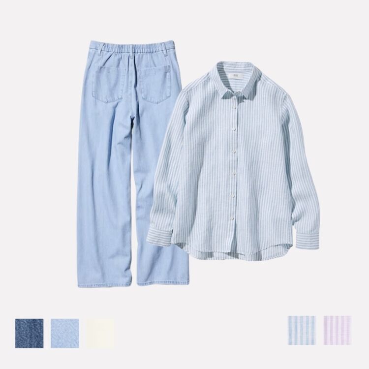 Celana Lipit Denim Drapey dan Kemeja Premium Linen Garis Lengan Panjang