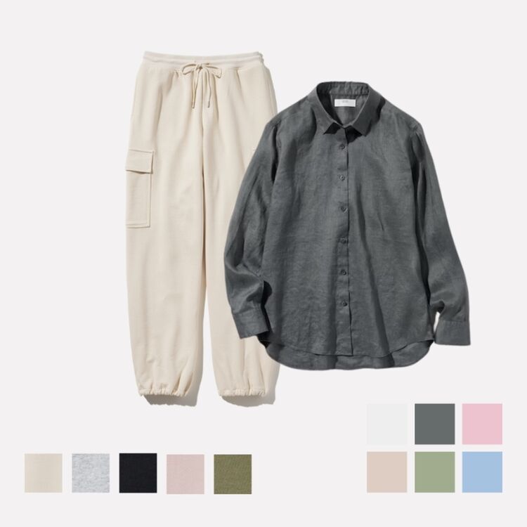 Celana Kargo Sweat dan Kemeja Premium Linen Lengan Panjang