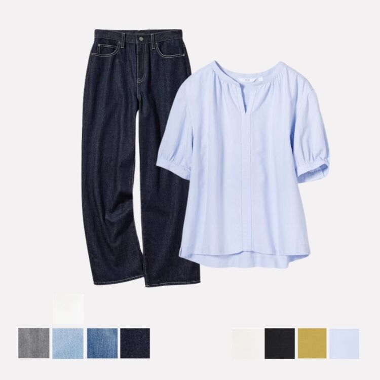 3. Jeans Lebar Lurus dan Blus Linen Blend Volume Lengan Pendek