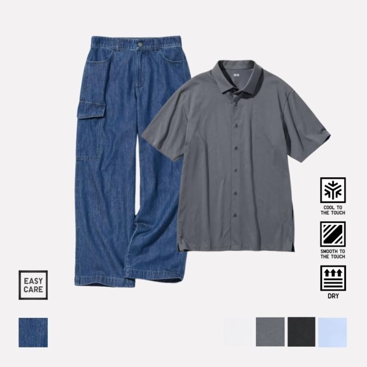 2. Celana Kargo Lebar Denim dan AIRism Kaos Polo Polos