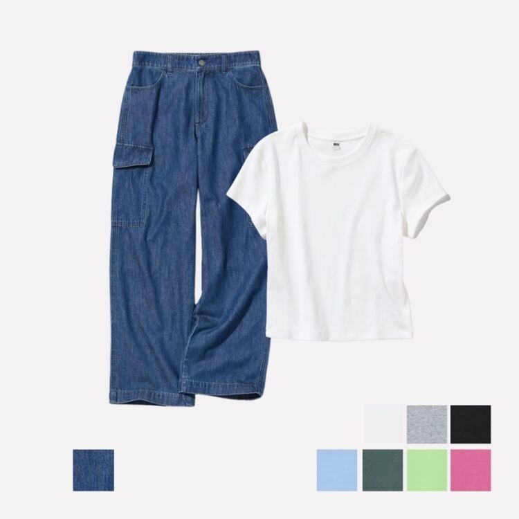 6. Celana Kargo Lebar Denim dan T-Shirt Mini Lengan Pendek