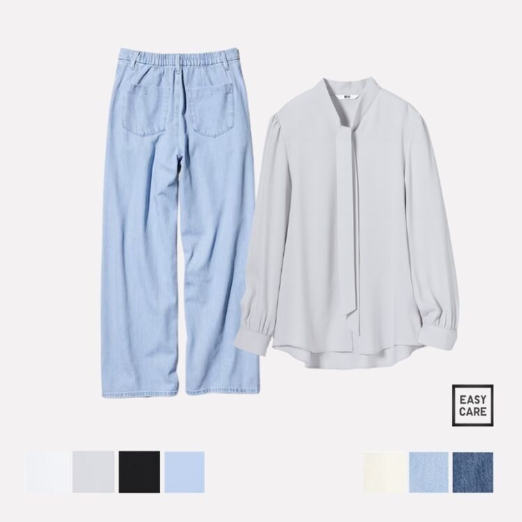 1. Celana Lipit Denim dan Blus Rayon Dasi Pita