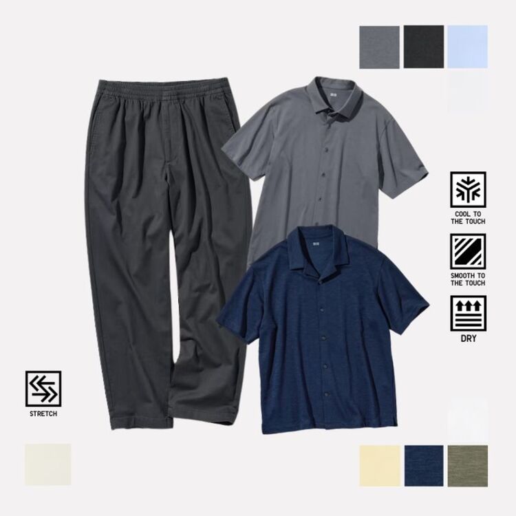 Celana Rileks Katun Ankle dan AIRism Katun Kaos Polo Kerah Terbuka