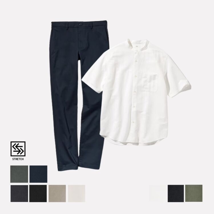 Celana Chino dan Kemeja Katun Linen Kerah Tegak