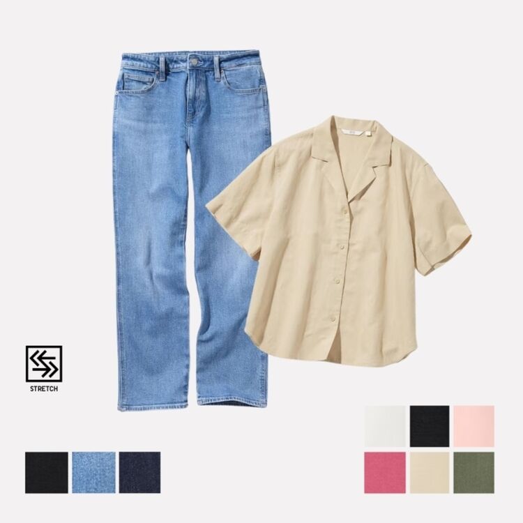 Jeans Ankle Slim Stretch dan Kemeja Linen Kerah Terbuka