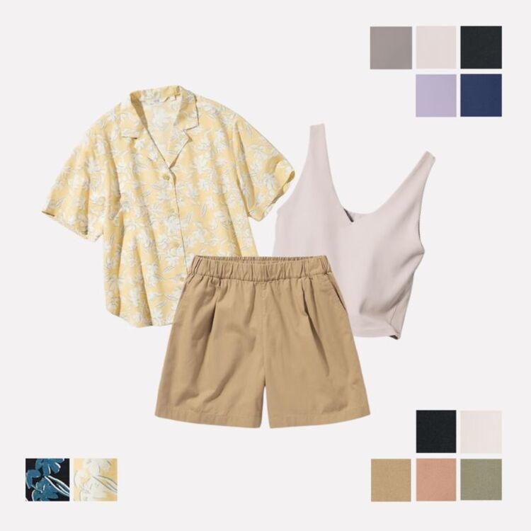 Celana Pendek Rileks Katun, AiRism Atasan Crop Bra, dan Kemeja Linen Blend Motif