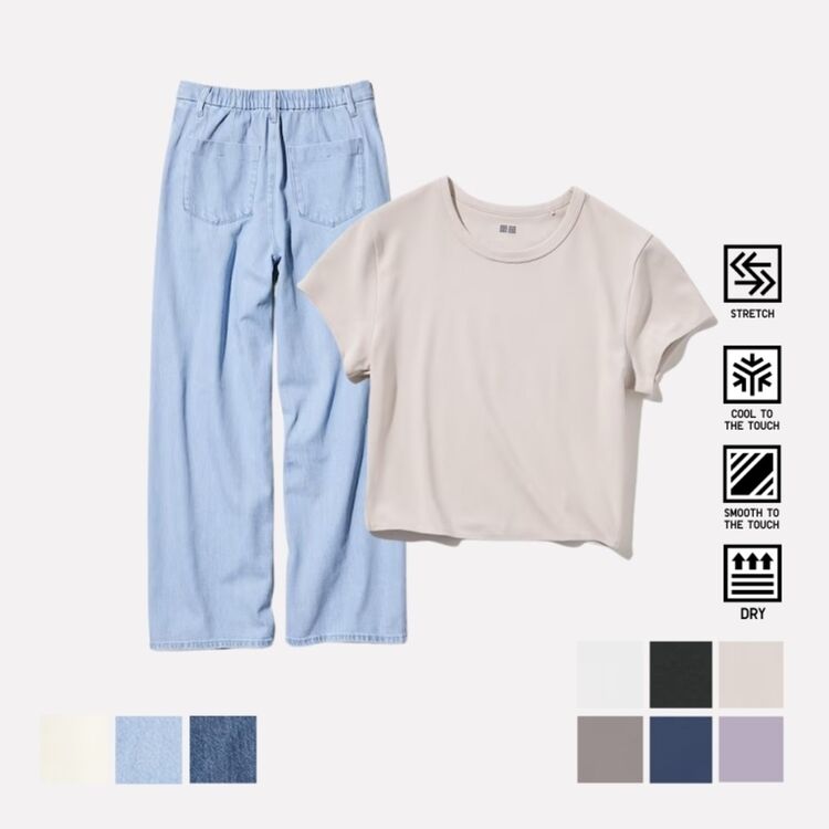 Celana Lipit Denim Drapey dan AIRism T-Shirt Crop