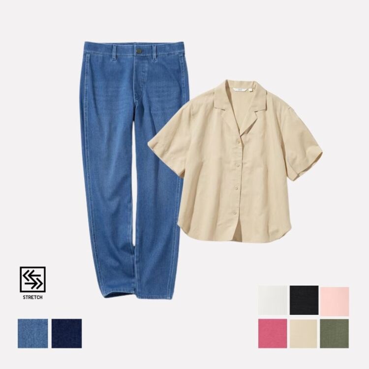 Denim Ultra Stretch Legging & Kemeja Linen Blend Kerah Tegak