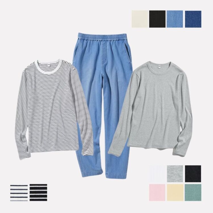 Denim Jersey Tapered Pants & T-Shirt Rib Lengan Panjang