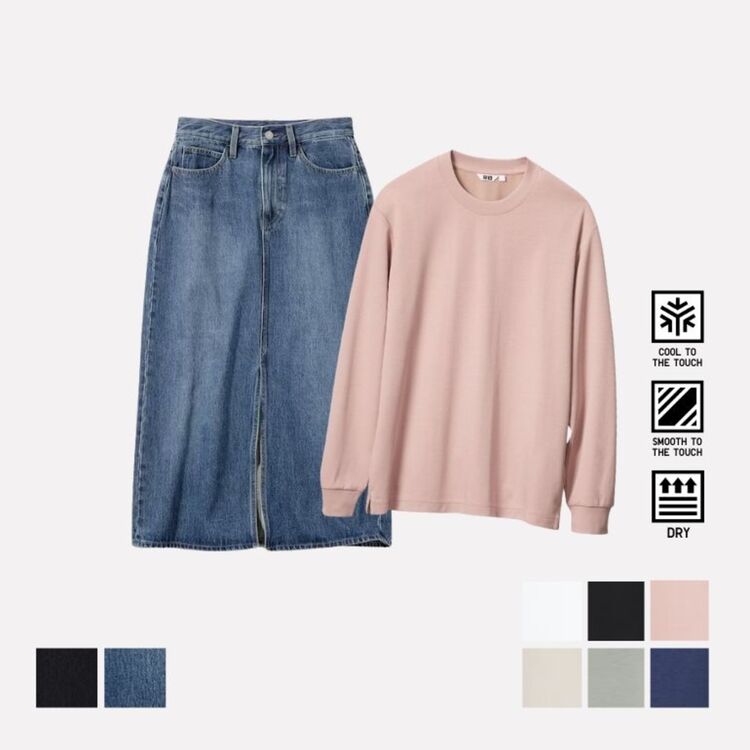 Rok Denim Panjang & AIRism Cotton Crew Neck