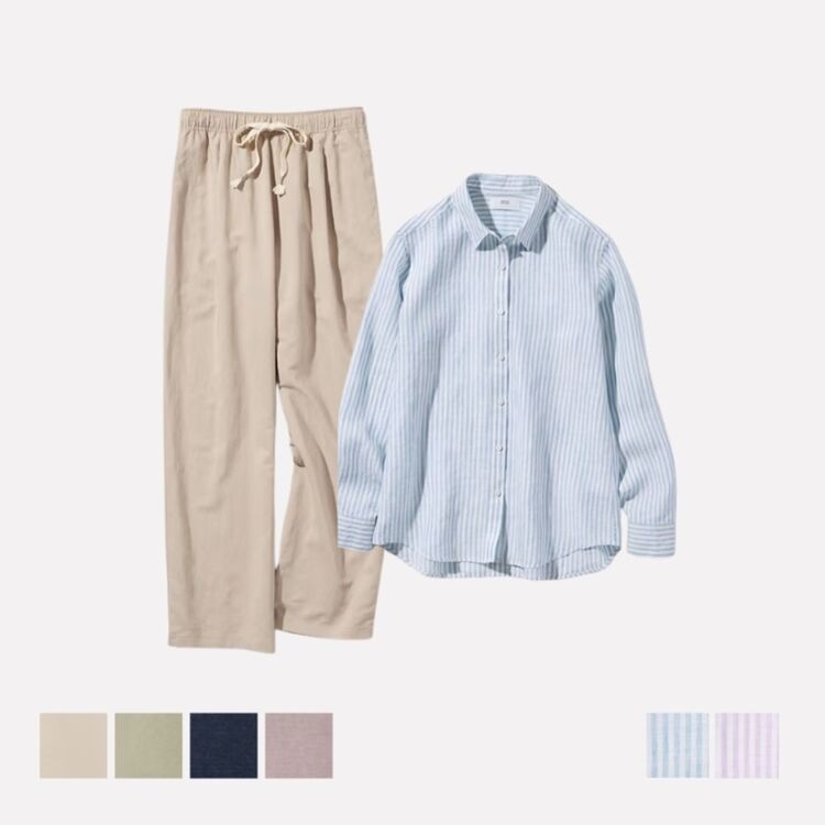 Celana Rileks Linen Blend & Premium Linen Striped Shirt