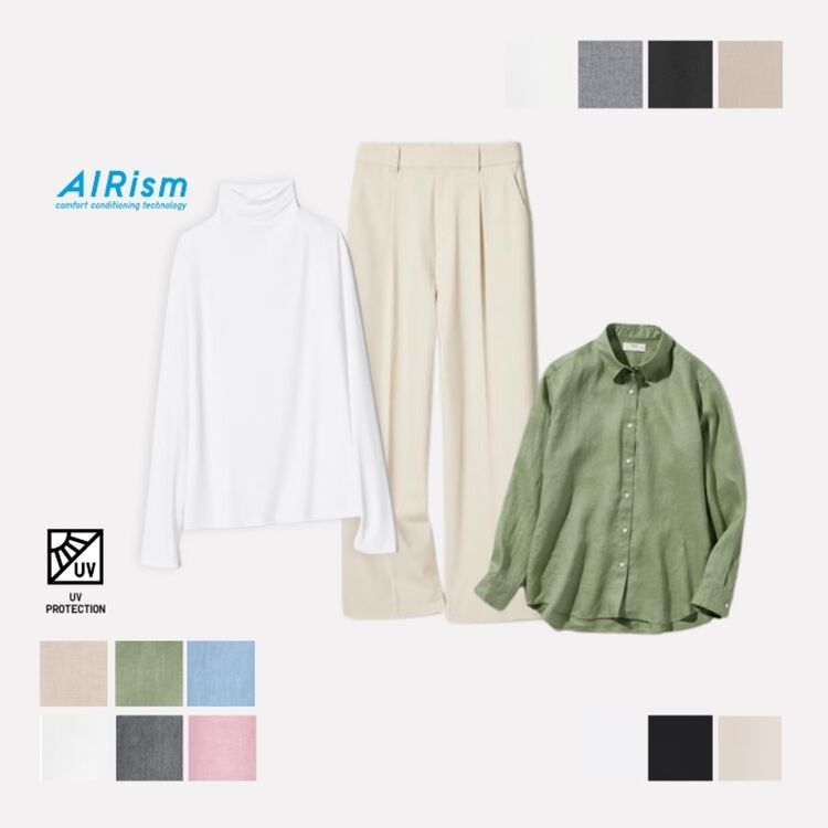 2. Kemeja Linen Lengan Panjang,  AIRism T-Shirt Lengan Panjang, Celana Lebar Lipit
