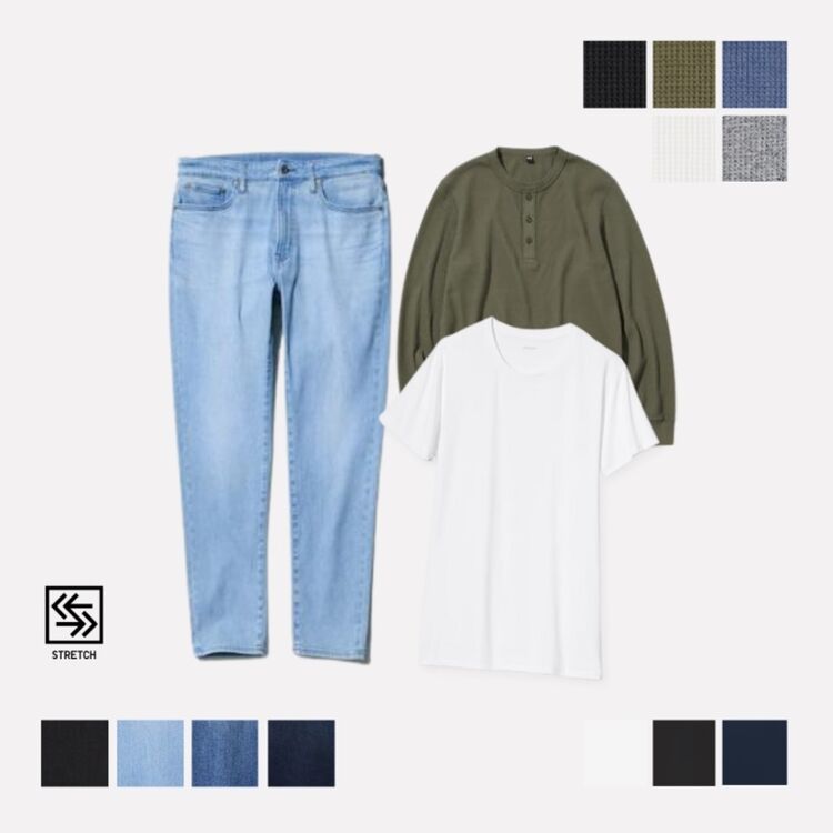 AIRism T-Shirt Lengan Pendek, Pullover Waffle Lengan Panjang, dan Jeans EZY Ultra Stretch