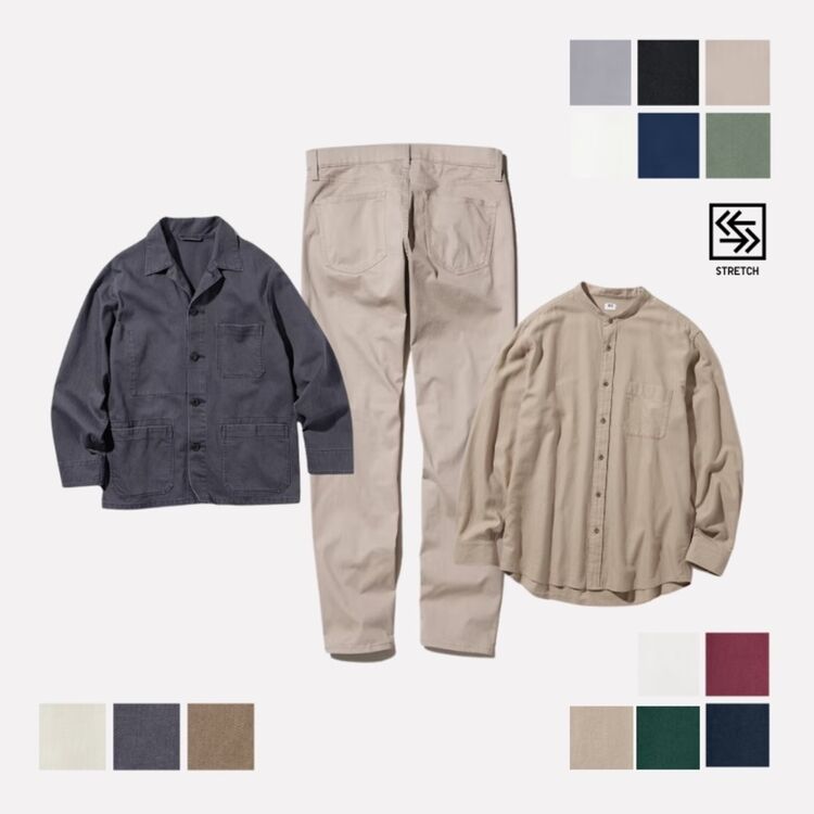 Kemeja Twill Lengan Panjang, Utility Jaket, dan Jeans Warna Ultra Stretch