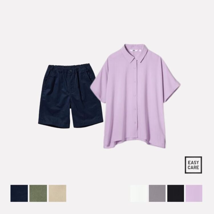 Blus Rayon Lengan Pendek & Celana Pendek Rileks Twill