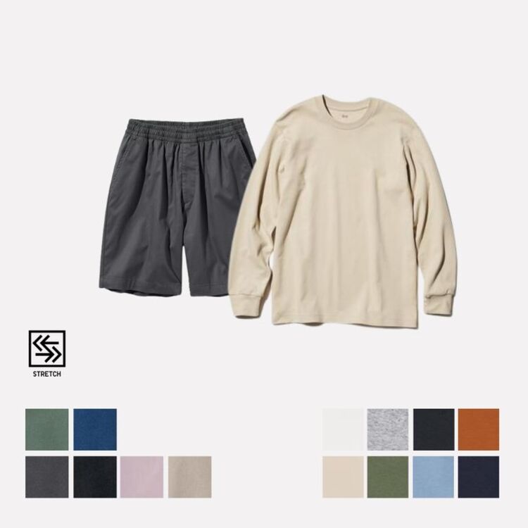 T-Shirt Soft Brushed Lengan Panjang & Celana Pendek Rileks Stretch