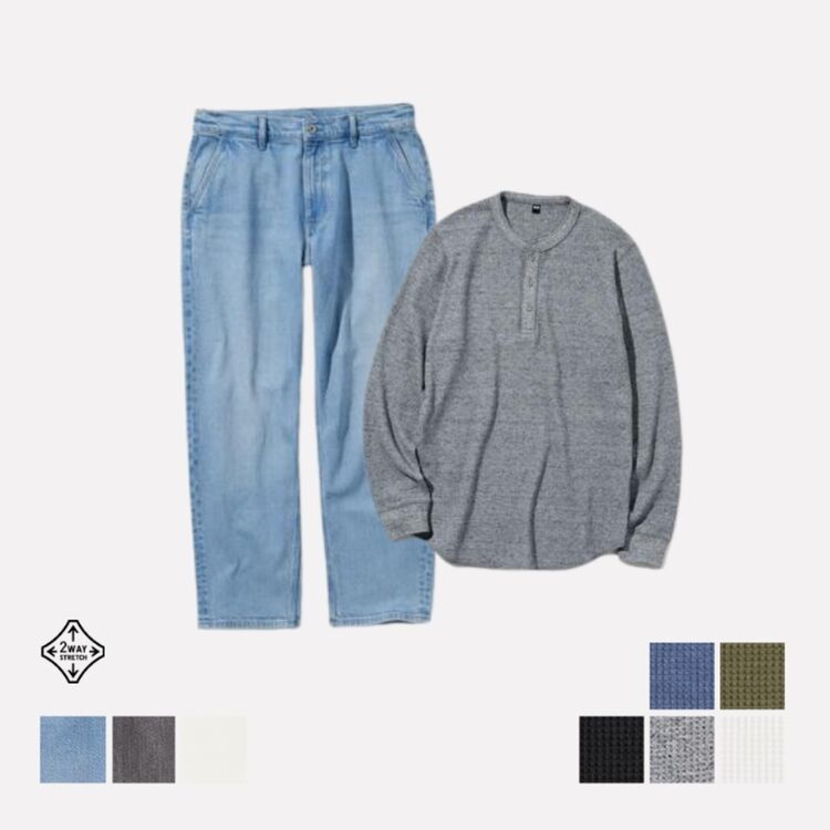 Pullover Waffle Kerah Henley & Jeans Rileks Ankle