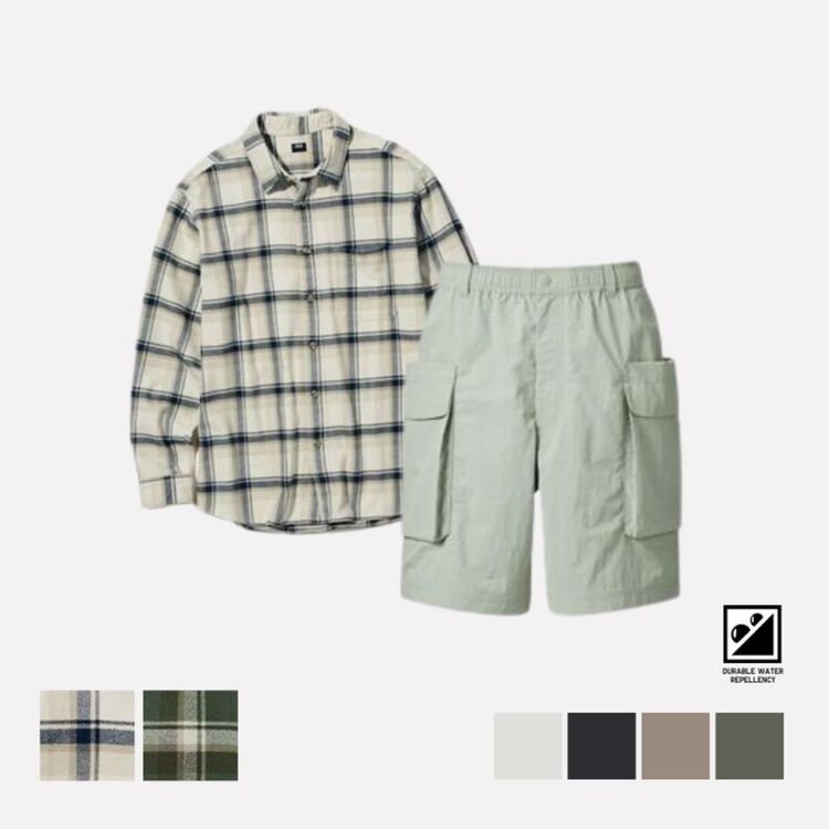 Kemeja Flannel Kotak Lengan Panjang & Celana Pendek Kargo Parasut 