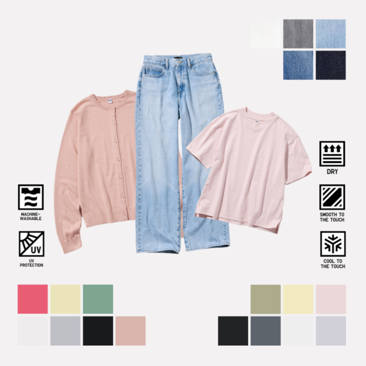 6. AIRism Katun T-Shirt Lengan Pendek, Kardigan Proteksi Sinar UV Kerah Bulat Lengan Panjang, Jeans Lebar Lurus