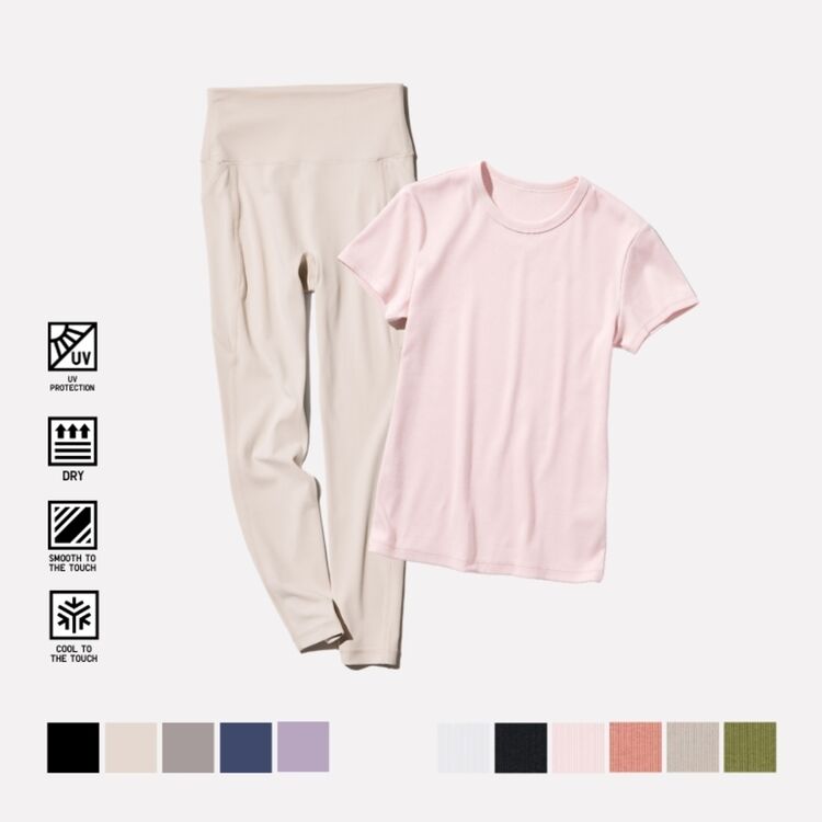 6. T-Shirt Rib Lembut Kerah Bulat Lengan Pendek & AIRism Celana Legging Lembut Proteksi Sinar UV