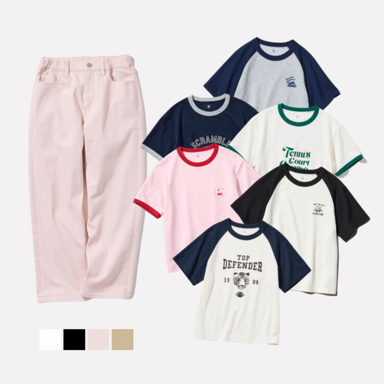 1. KIDS AIRism Katun T-Shirt Grafis & KIDS Jeans Fit Lebar