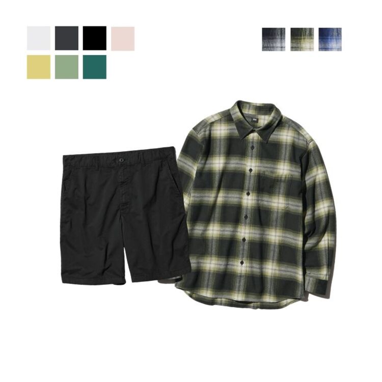 Kemeja Flannel Kotak, T-Shirt Kerah Bulat, Celana Pendek Chino