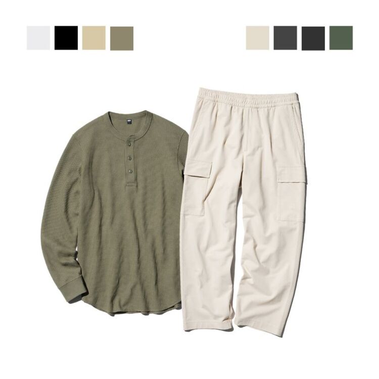 Pullover Kerah Henley & Celana Kargo Jersey Rileks