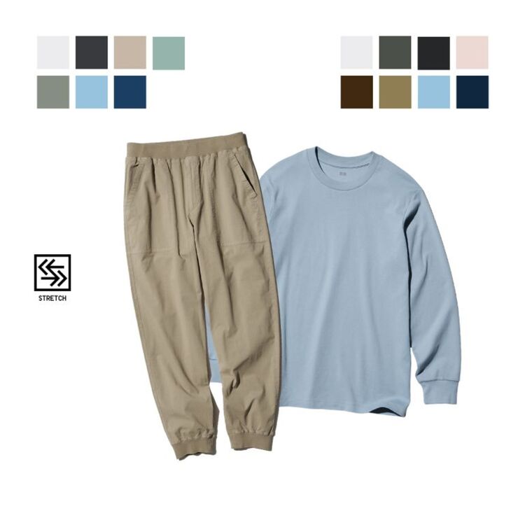 T-shirt Soft Touch/Brushed Lengan Panjang & Celana Jogger Katun Rib Rileks