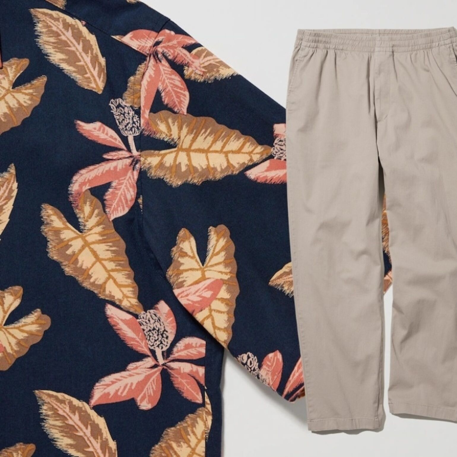 kemeja pantai motif dan celana panjang