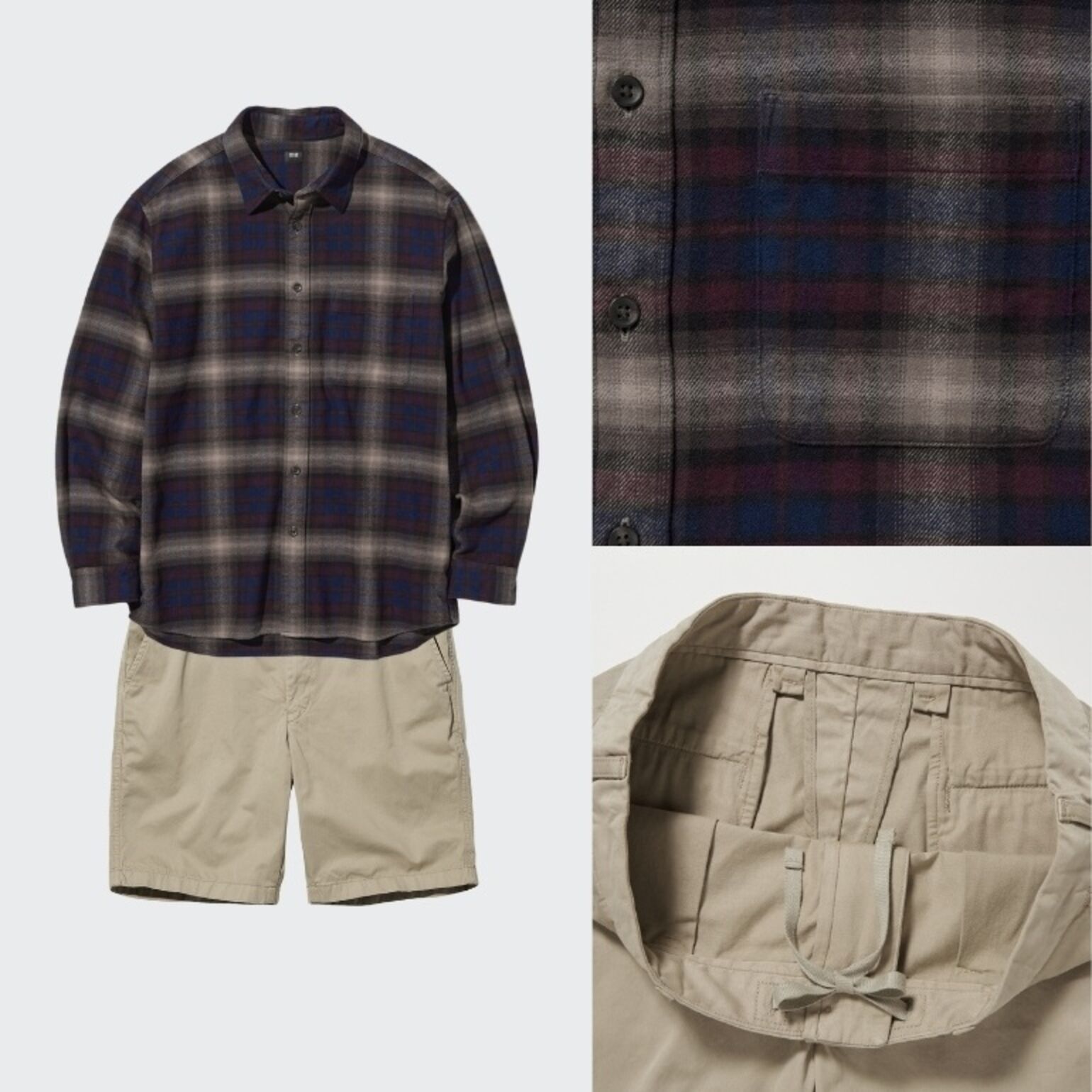 Kemeja Flannel Kotak Lengan Panjang & Celana Pendek Chino