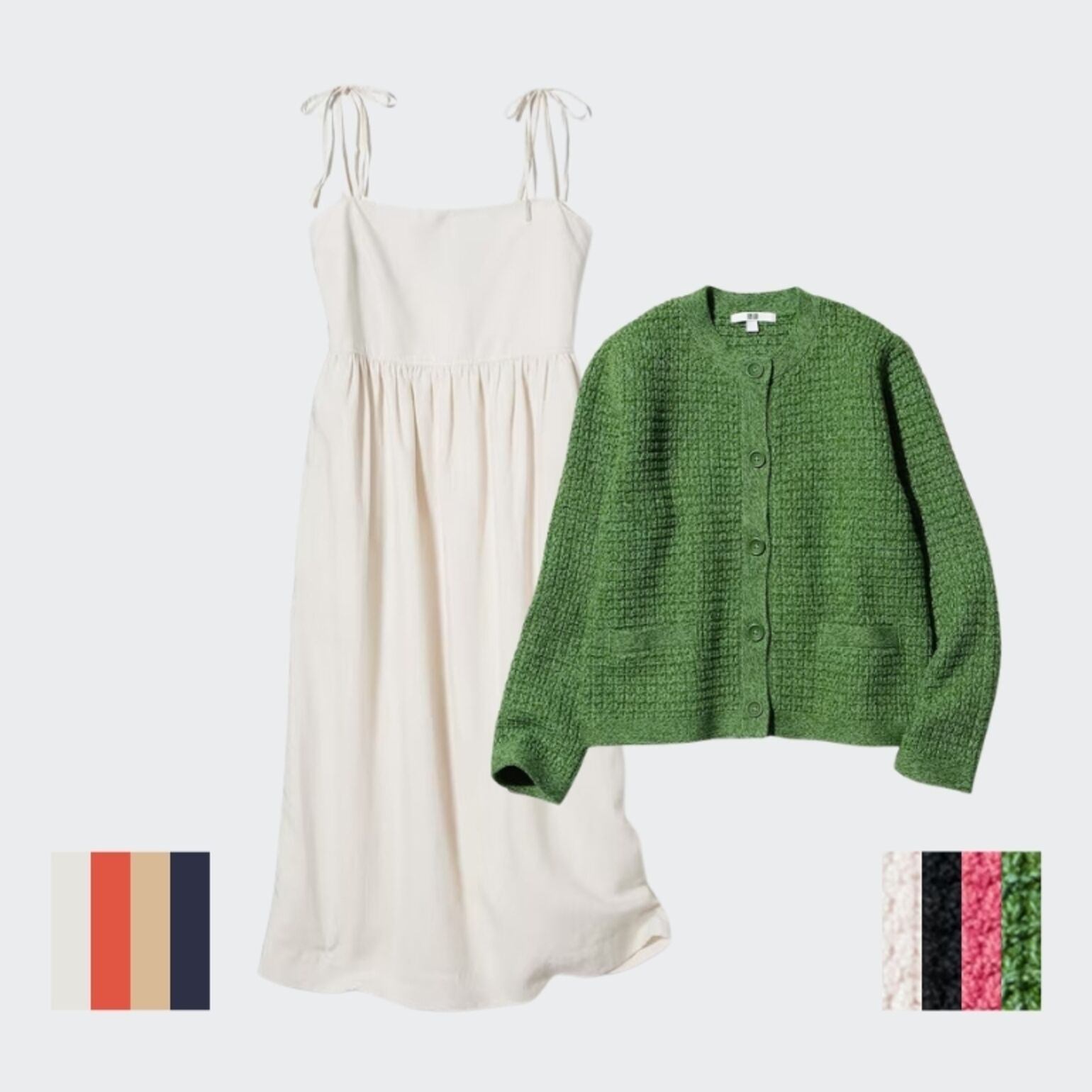 Gaun Kamisol Linen Blend dan Jaket Pendek Rajut