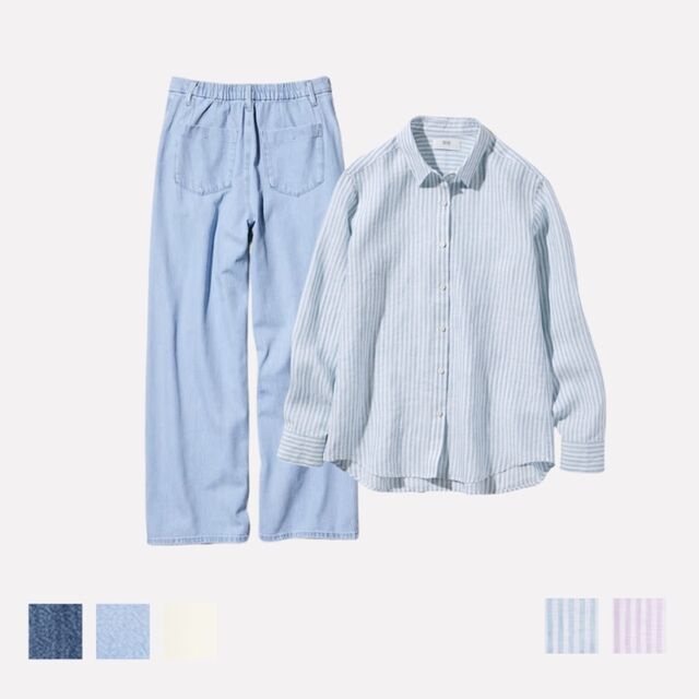 Celana Lipit Denim Drapey dan Kemeja Premium Linen Garis Lengan Panjang