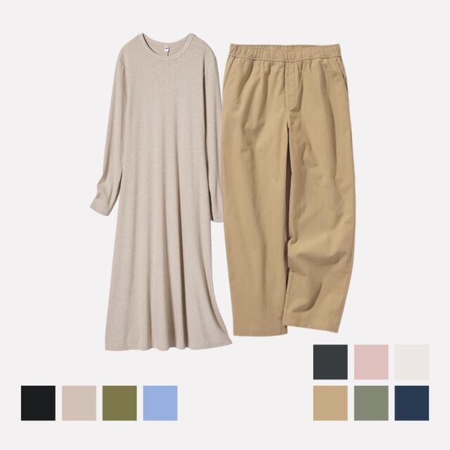 Celana Katun Ankle Rileks & Dress Waffle Lengan Panjang