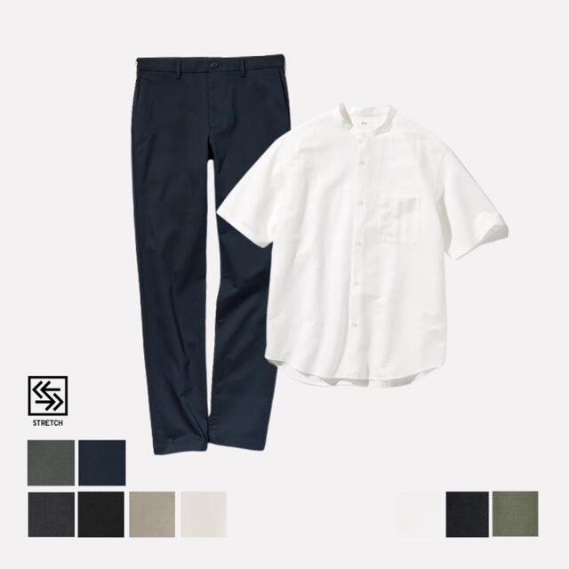 Celana Chino dan Kemeja Katun Linen Kerah Tegak