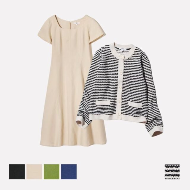 Linen Blend Square Neck Dress & Jaket Pendek Rajut