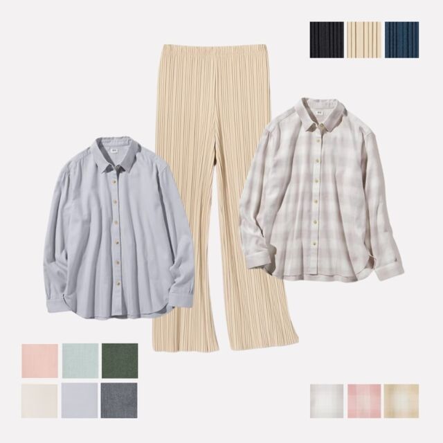 Celana Lurus Lipit dan Kemeja Brushed Kotak Lengan Panjang