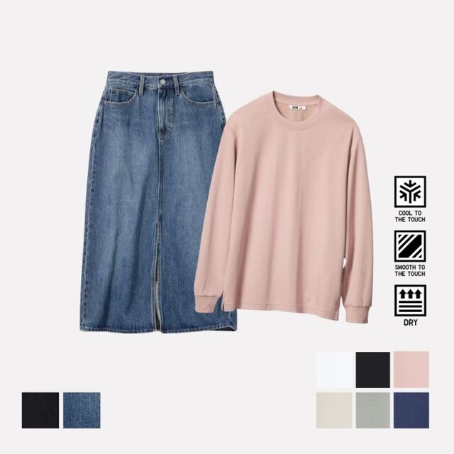 Rok Denim Panjang & AIRism Cotton Crew Neck