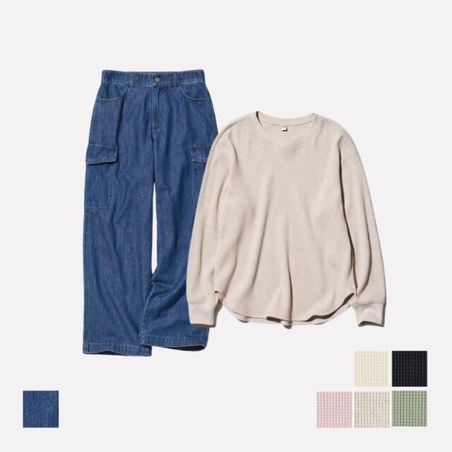 Celana Kargo Lebar Denim dan Waffle Crew Neck T-Shirt