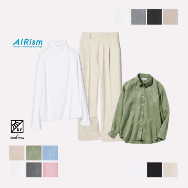 2. Kemeja Linen Lengan Panjang,  AIRism T-Shirt Lengan Panjang, Celana Lebar Lipit
