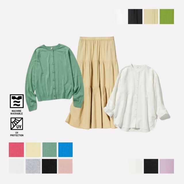 3. Kemeja Linen Lengan ¾, Rok Panel Katun Kerut, Kardigan Lengan Panjang