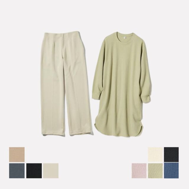 5. Gaun Waffle Lengan Panjang, Celana Lurus Double Face Stretch