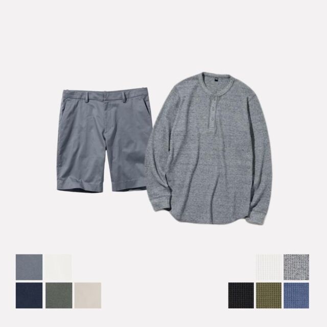 Pullover Waffle Kerah Henley Lengan Panjang & Celana Pendek Stretch Slim Fit