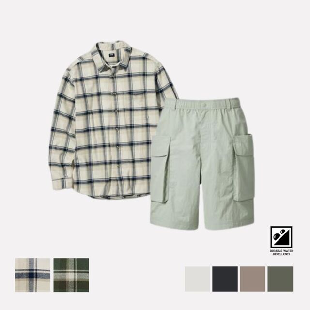 Kemeja Flannel Kotak Lengan Panjang & Celana Pendek Kargo Parasut 