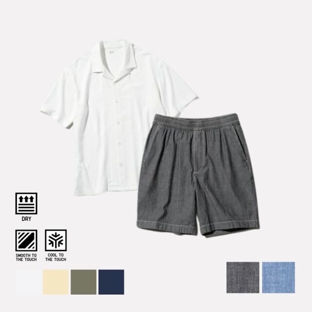 AIRism Katun Kaos Polo Kerah Terbuka Lengan Pendek (Kancing Full) & Celana Pendek Rileks Stretch (Chambray)