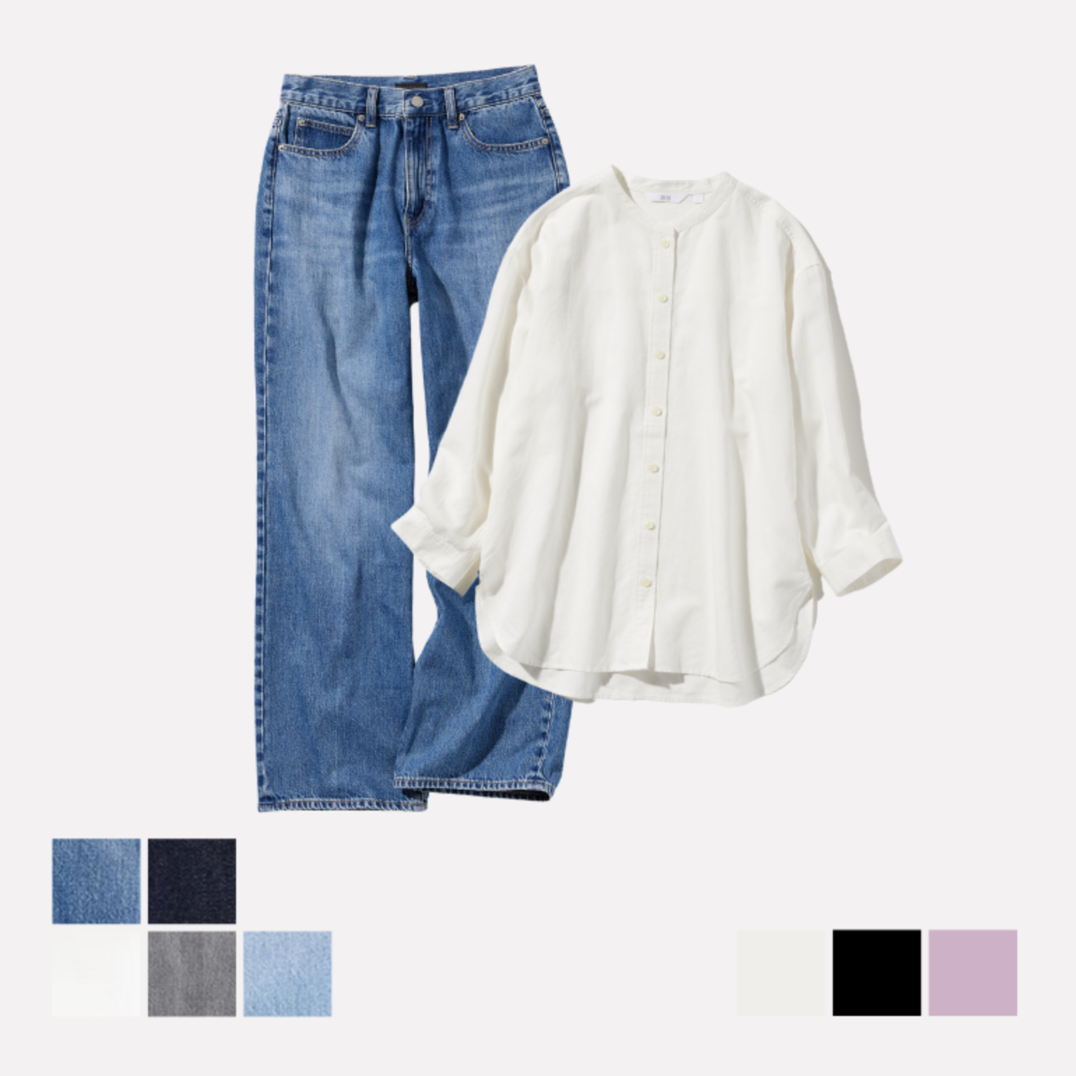 1. Kemeja Linen Blend Kerah Tegak Lengan 3/4 & Jeans Lebar Lurus