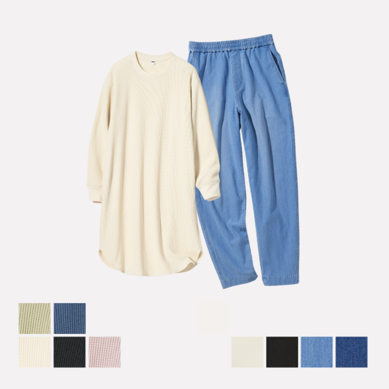 4. Gaun Waffle Lengan Panjang & Celana Jersey Denim Tapered